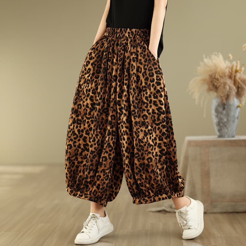 Fashionable Vintage Leopard-print Bloomers Wide-leg Pants