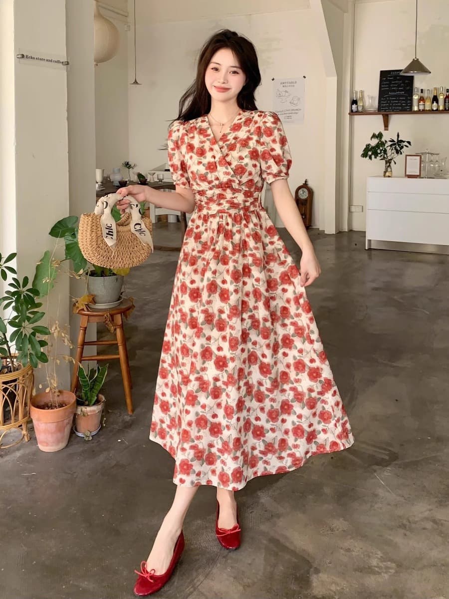 French-style Vintage Red V-neck Floral-print Dress For WomenSummer 4