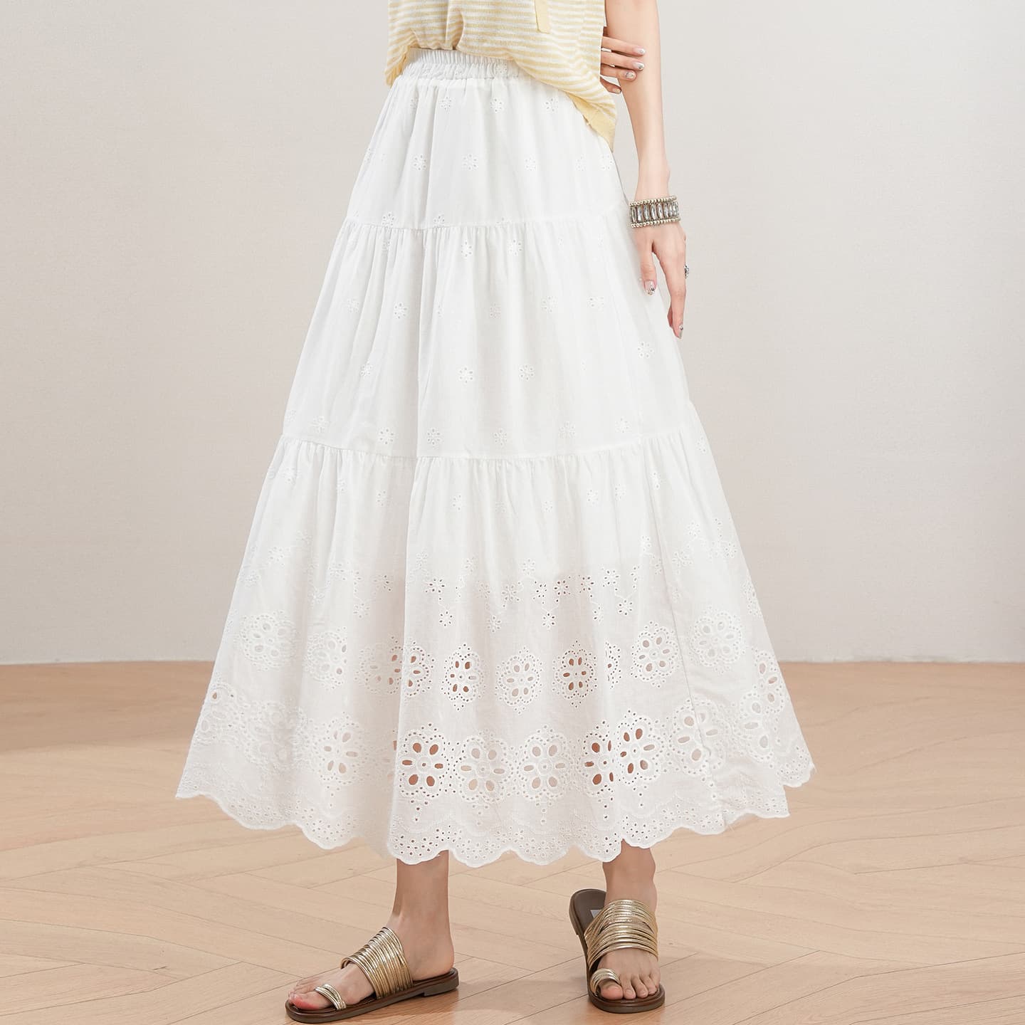 Womens Loose-fitting White Hollow-out Floral Skirt 2