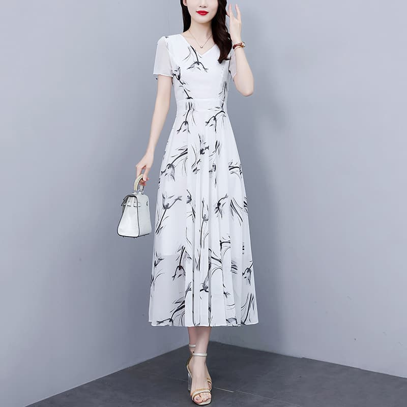 Elegant Chiffon Floral-print Dress For Women