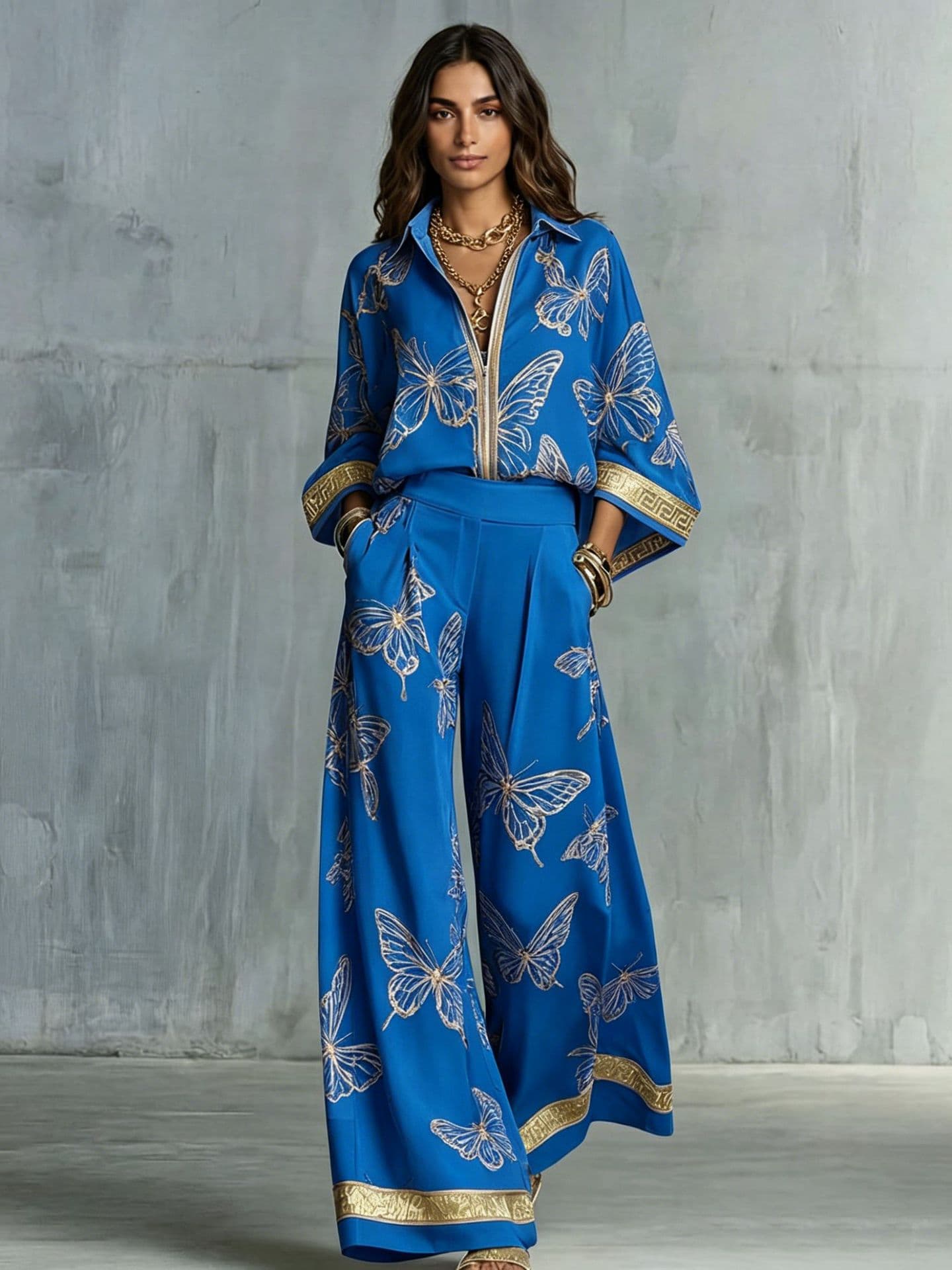 Womens Printed Loose-Fit Zip-Up Top And Wide-Leg Pants Two-Piece Set 6