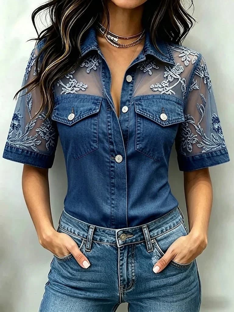 Womens Casual Loose-fit Faux-jean Patchwork Top