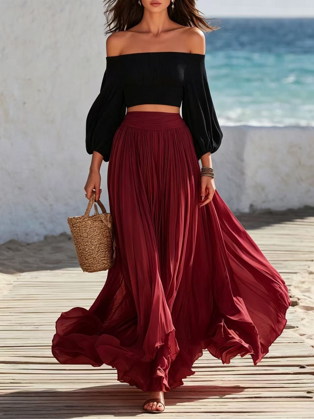 Off-shoulder Strapless Top With Bubble Sleeves And Skirt Set 10