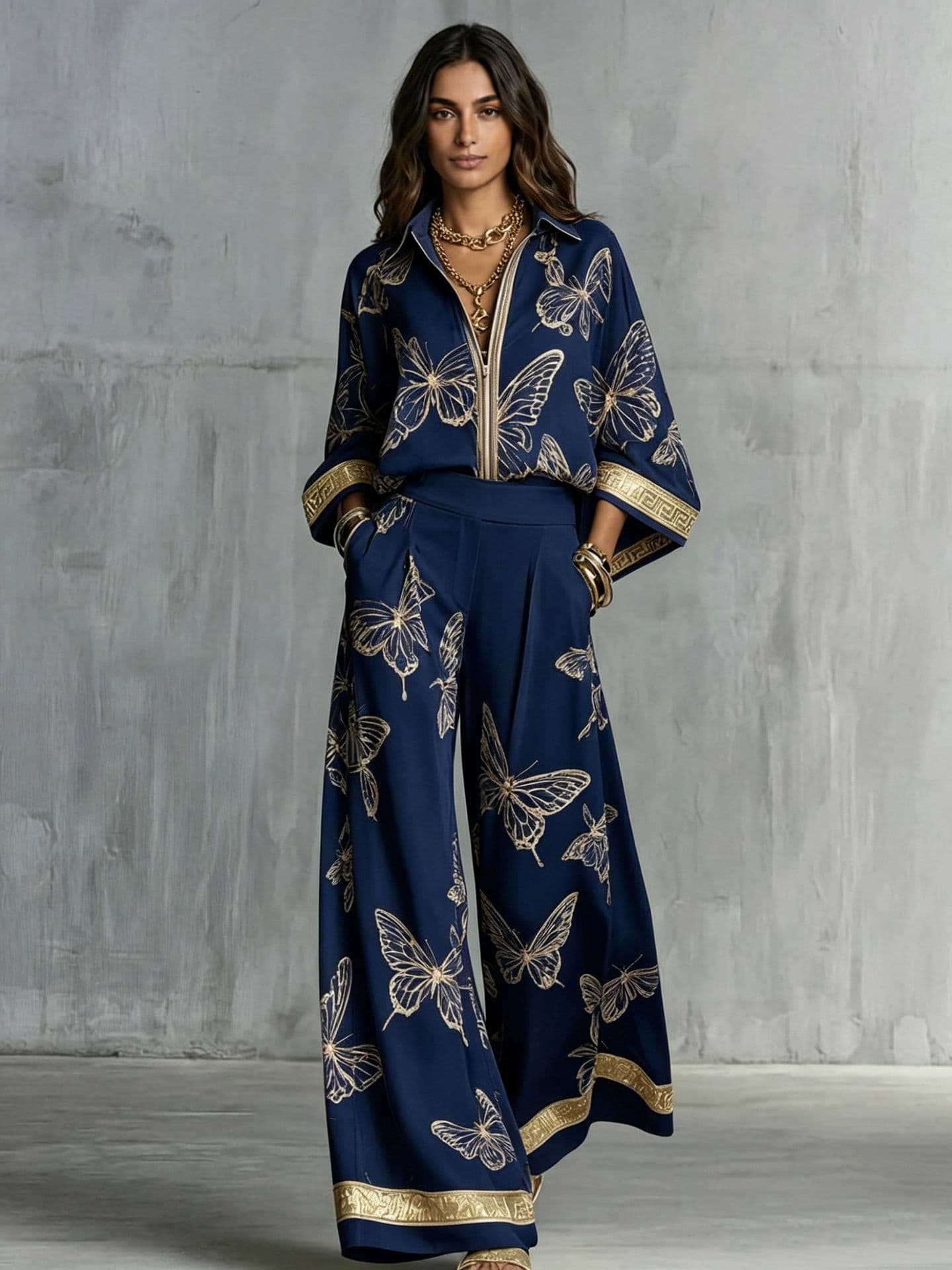Womens Printed Loose-Fit Zip-Up Top And Wide-Leg Pants Two-Piece Set 2