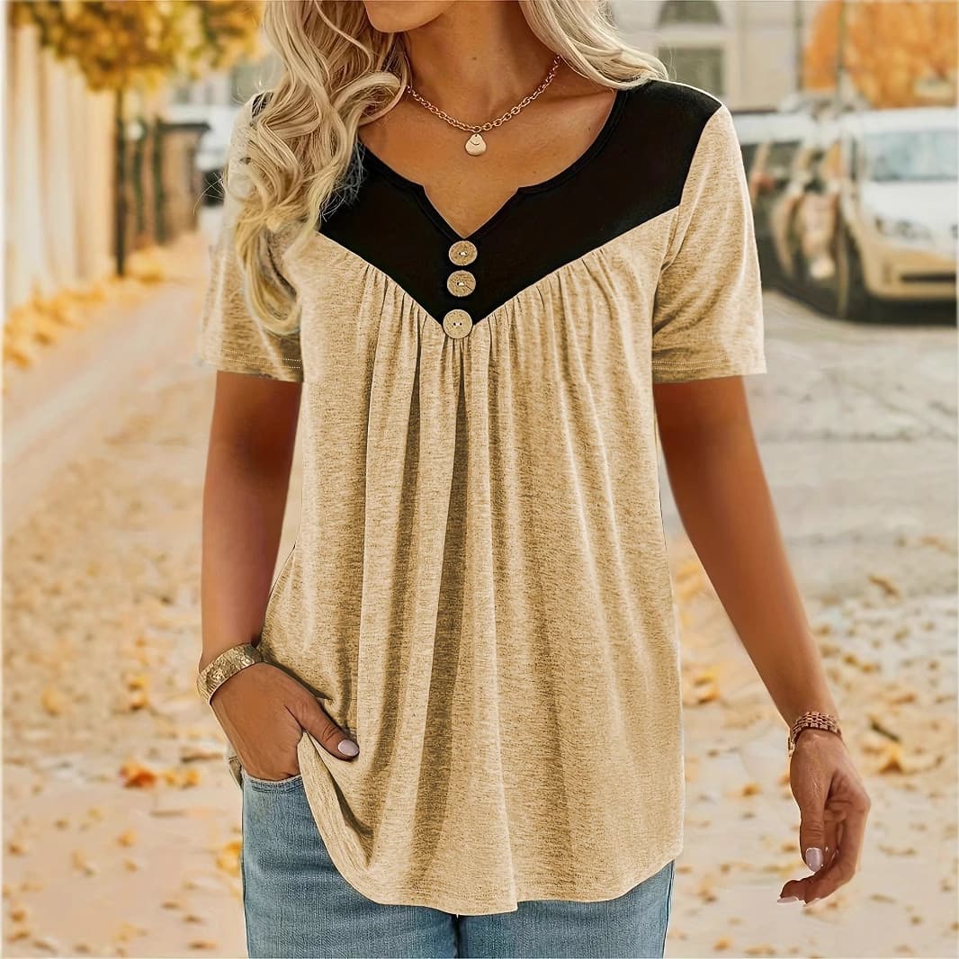 Womens Solid-color Short-sleeve Top With Button Detailing 2