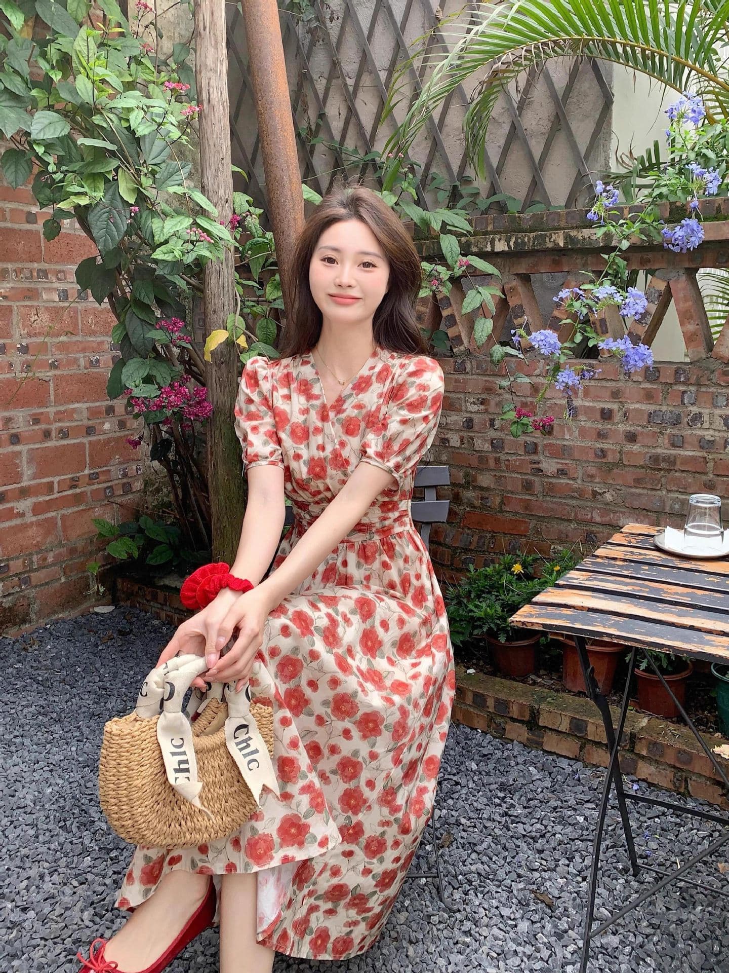 French-style Vintage Red V-neck Floral-print Dress For WomenSummer 6