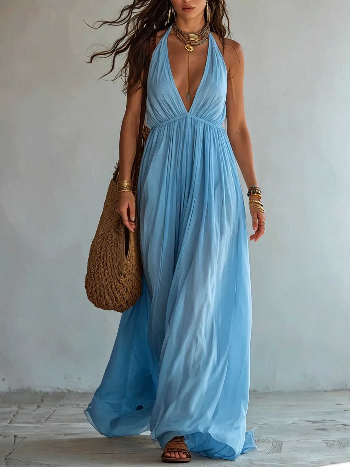 Deep V-neck Halter Backless Dress For Women