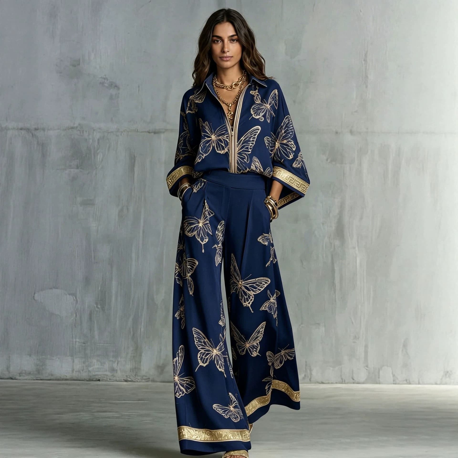 Womens Printed Loose-Fit Zip-Up Top And Wide-Leg Pants Two-Piece Set 8