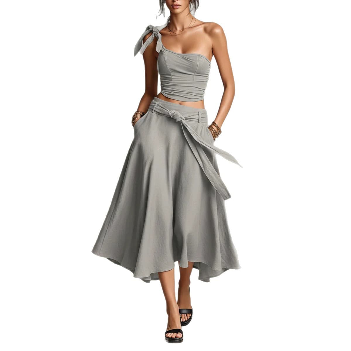One-shoulder Strap Camisole And Skirt Set 7