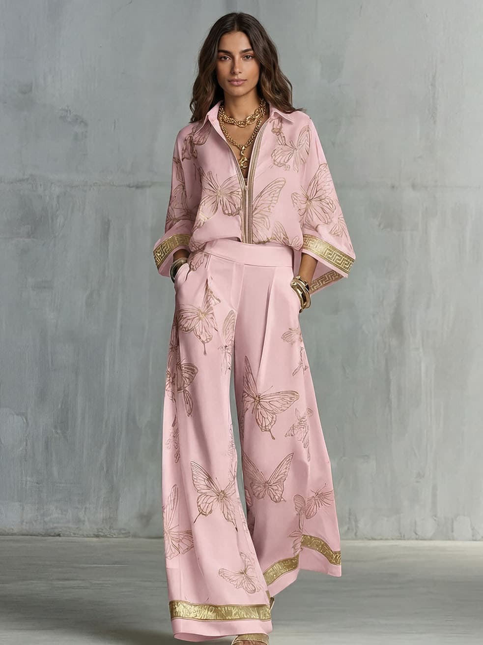 Womens Printed Loose-Fit Zip-Up Top And Wide-Leg Pants Two-Piece Set 4
