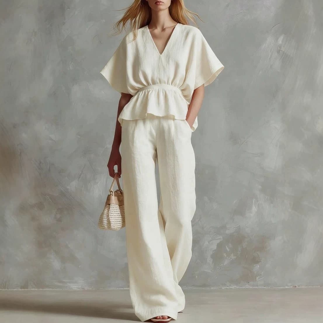 Womens V-neck Cinched-top And Wide-leg Pants Two-piece Set