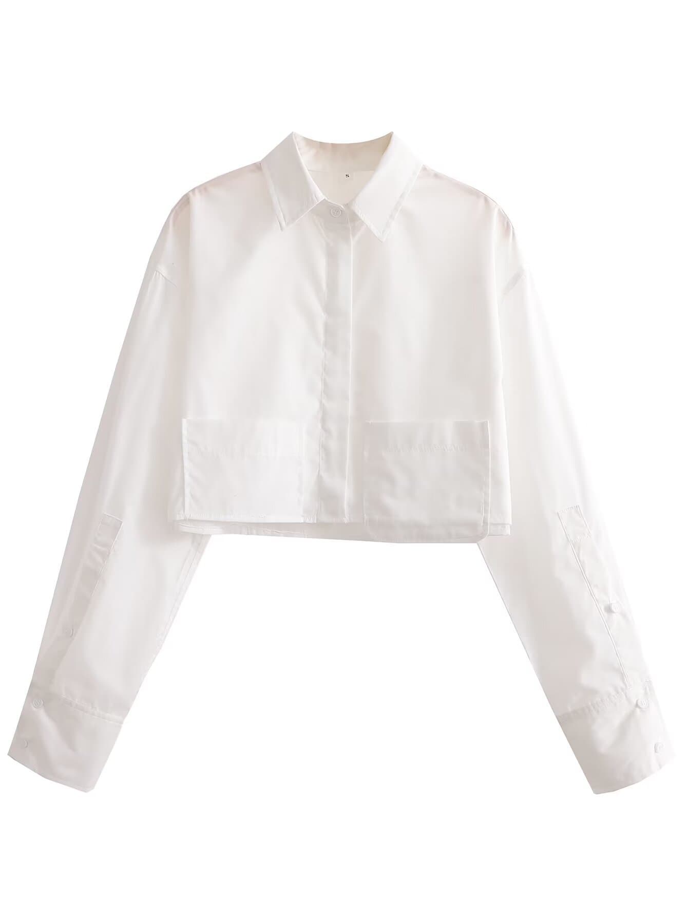 Stylish And Elegant Short-length Poplin Blouse With Long Sleeves And Pockets