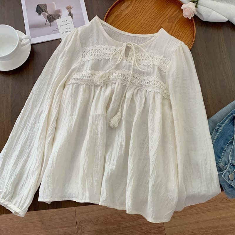 Sweet Designer-style Hollow-out Tassel-lace-up Round-neck Blouse
