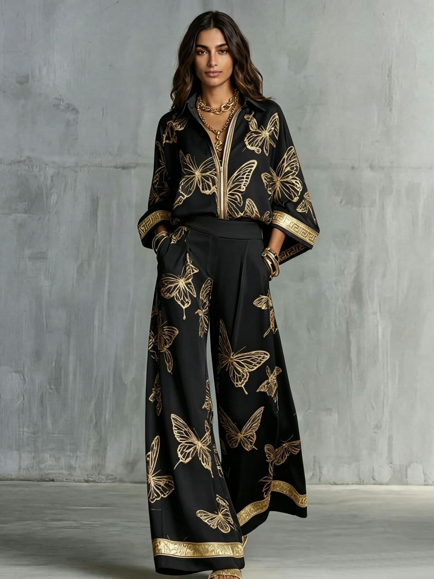 Womens Printed Loose-Fit Zip-Up Top And Wide-Leg Pants Two-Piece Set