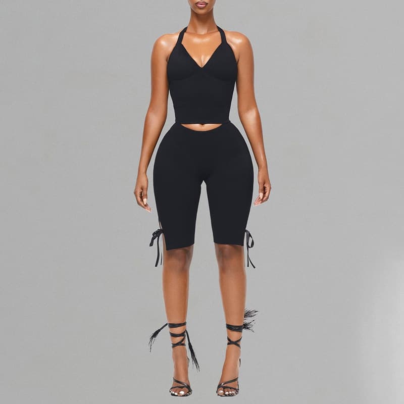 Womens Halterneck Strapless Tube Top And Bow-Knot Pants Solid-Color Set