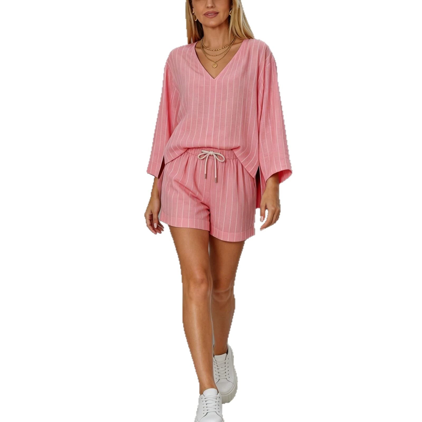 Womens Loose-fit V-neck Long-sleeve Shorts Set