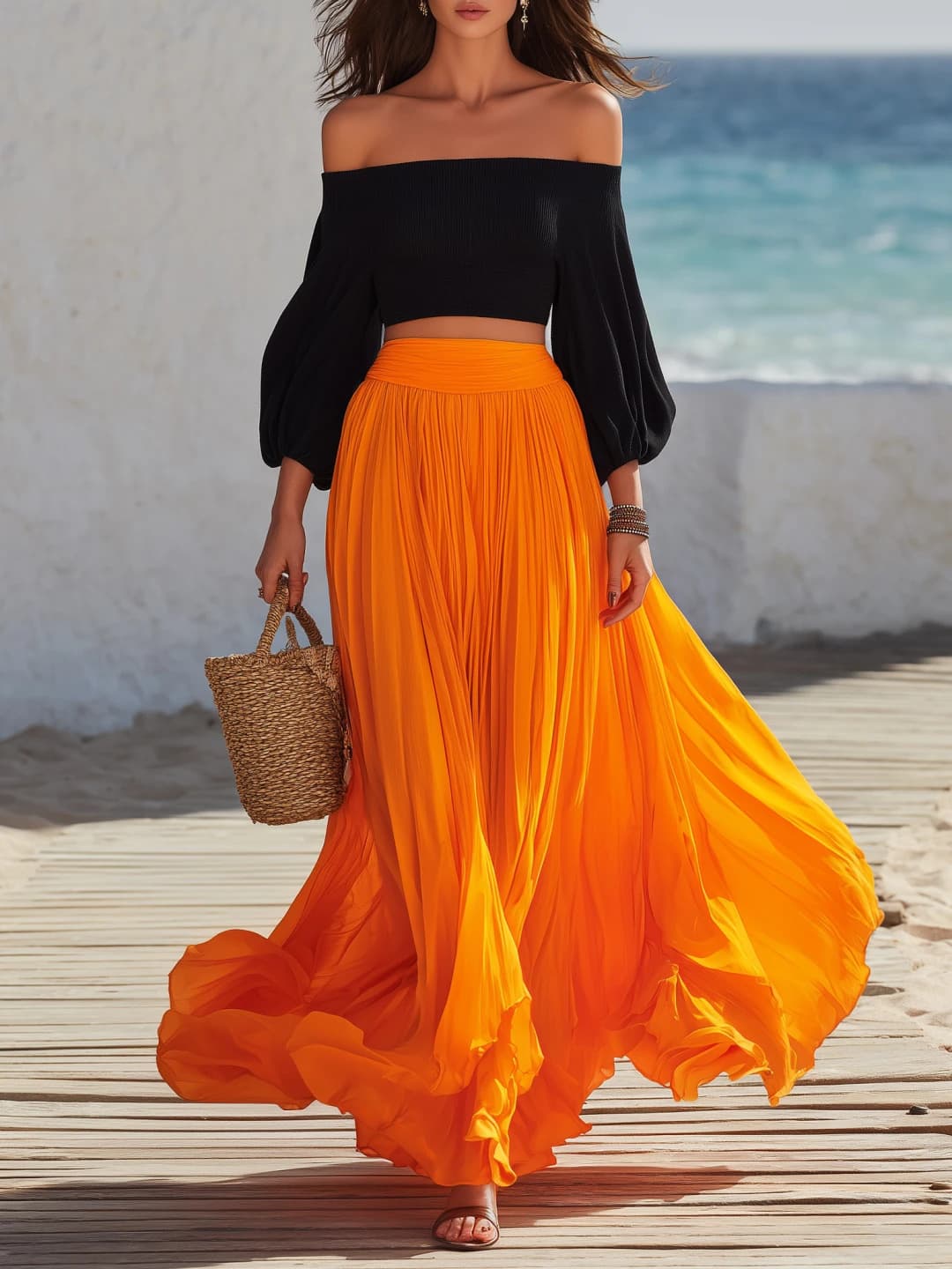 Off-shoulder Strapless Top With Bubble Sleeves And Skirt Set 5