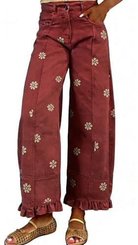 Floral-print Wide-leg Pants Loose-fitting Vintage-style Denim Imitations