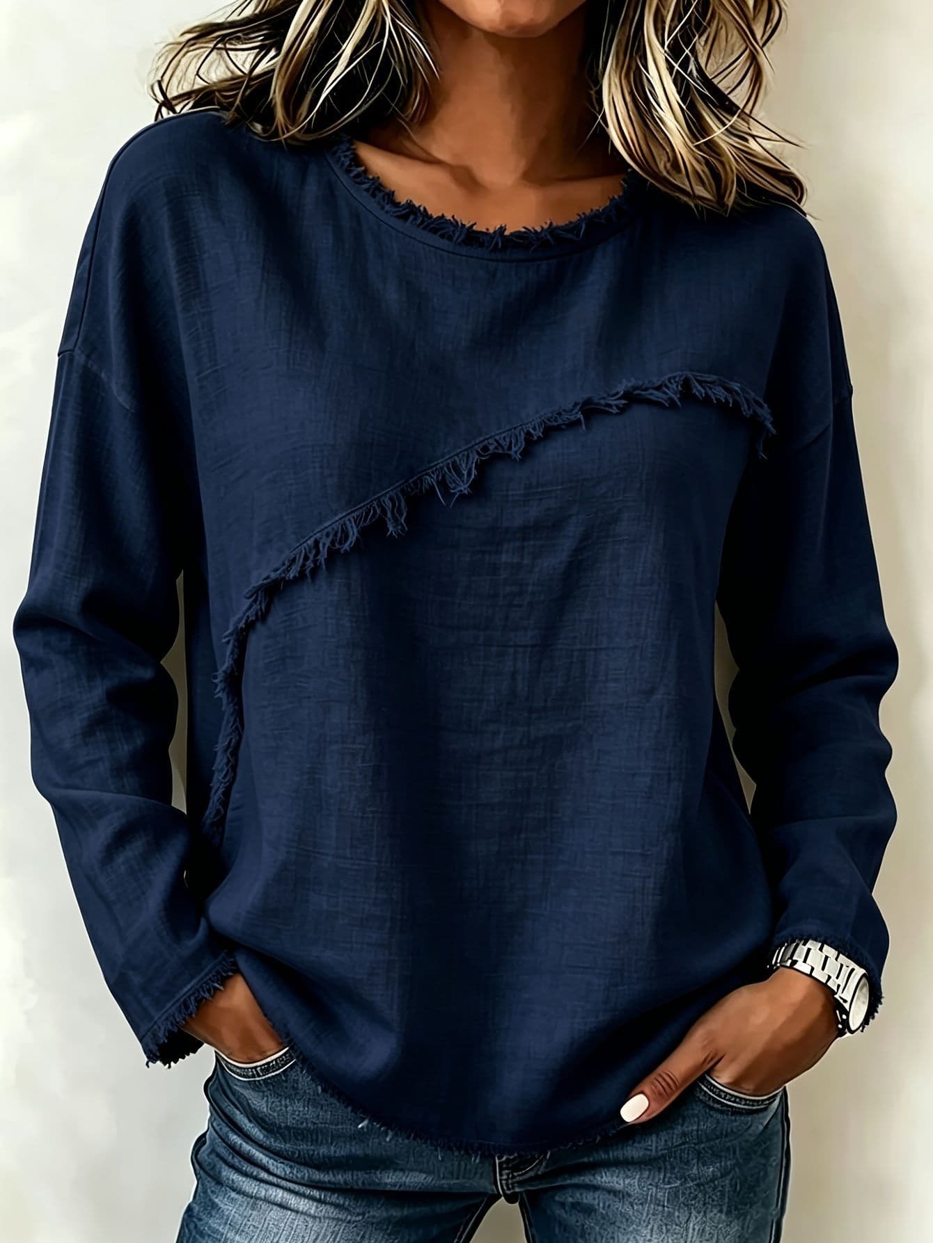 Round-neck Patchwork Lace Long-sleeve T-shirt Casual Top