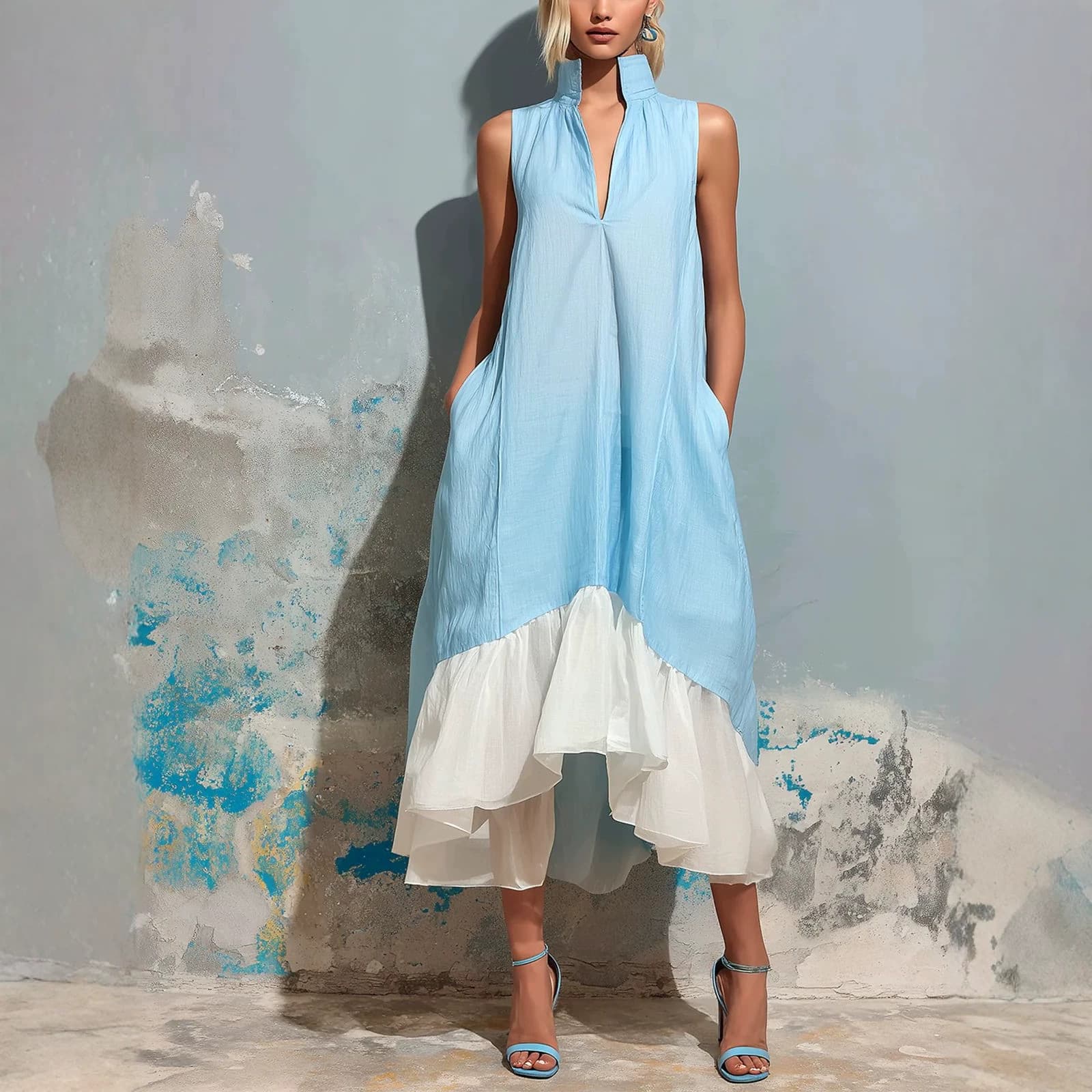 Color-block Stand-collar V-neck Asymmetrical Ruffled Dress