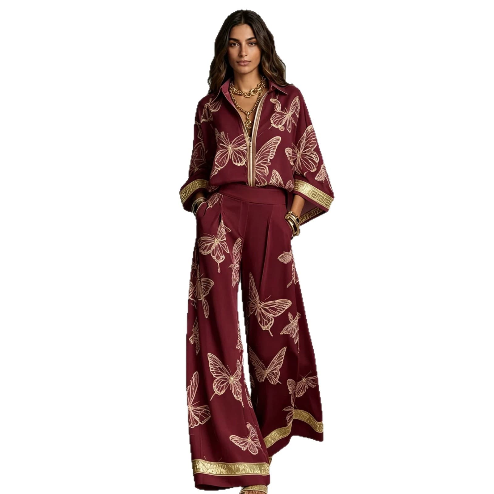 Womens Printed Loose-Fit Zip-Up Top And Wide-Leg Pants Two-Piece Set 3