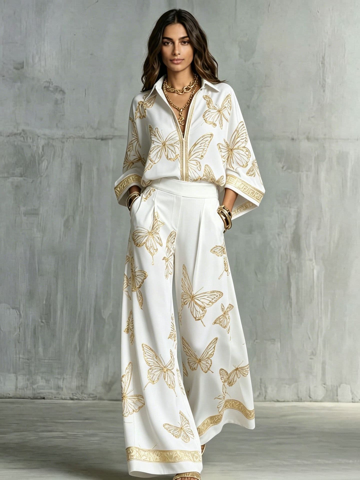 Womens Printed Loose-Fit Zip-Up Top And Wide-Leg Pants Two-Piece Set 7