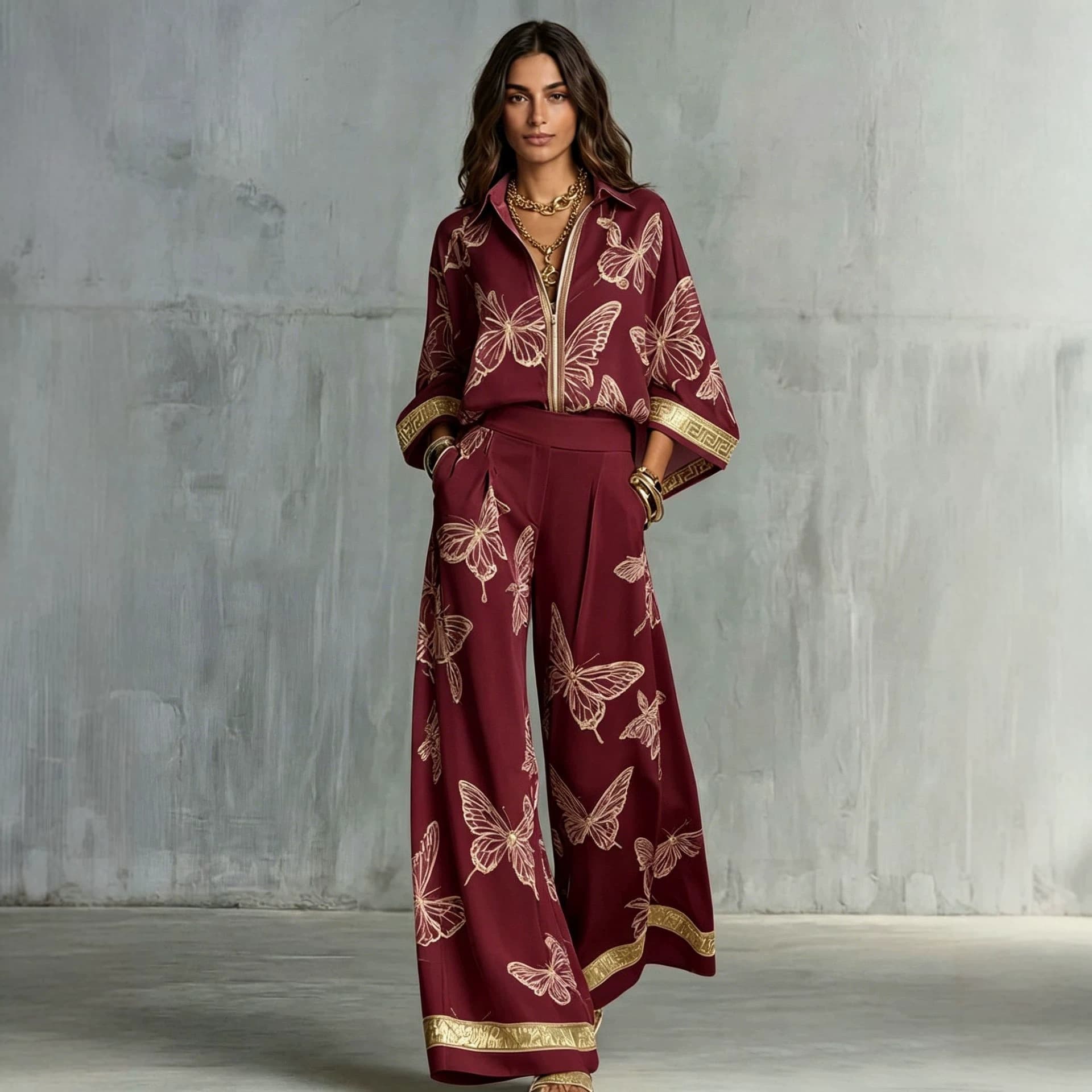 Womens Printed Loose-Fit Zip-Up Top And Wide-Leg Pants Two-Piece Set 10