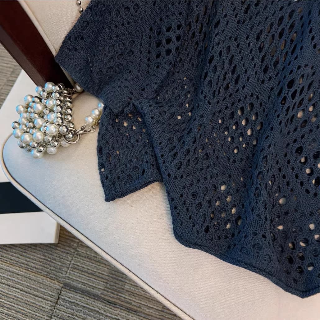 Diamond-pattern Solid-color Hollow-out Casual Short-sleeve Knit Top