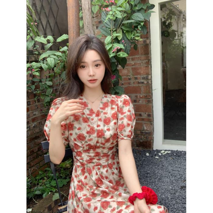 French-style Vintage Red V-neck Floral-print Dress For WomenSummer 3