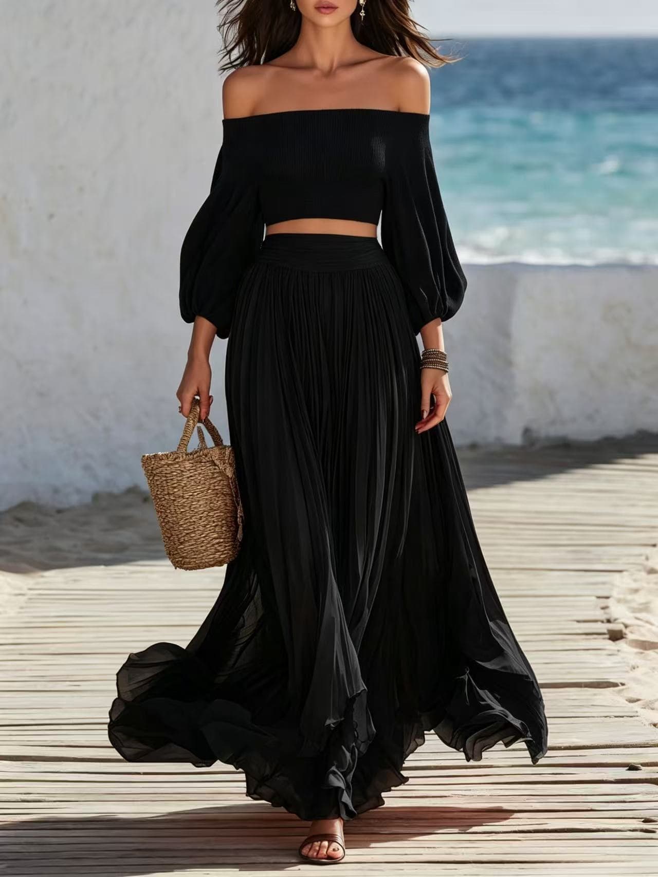 Off-shoulder Strapless Top With Bubble Sleeves And Skirt Set 4