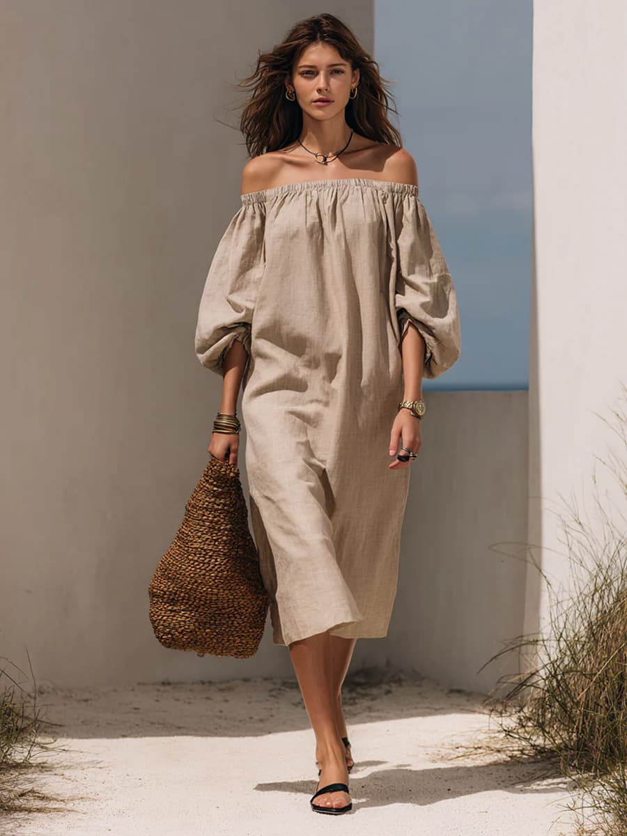 Womens Blended Off-shoulder Puff-sleeve Dress