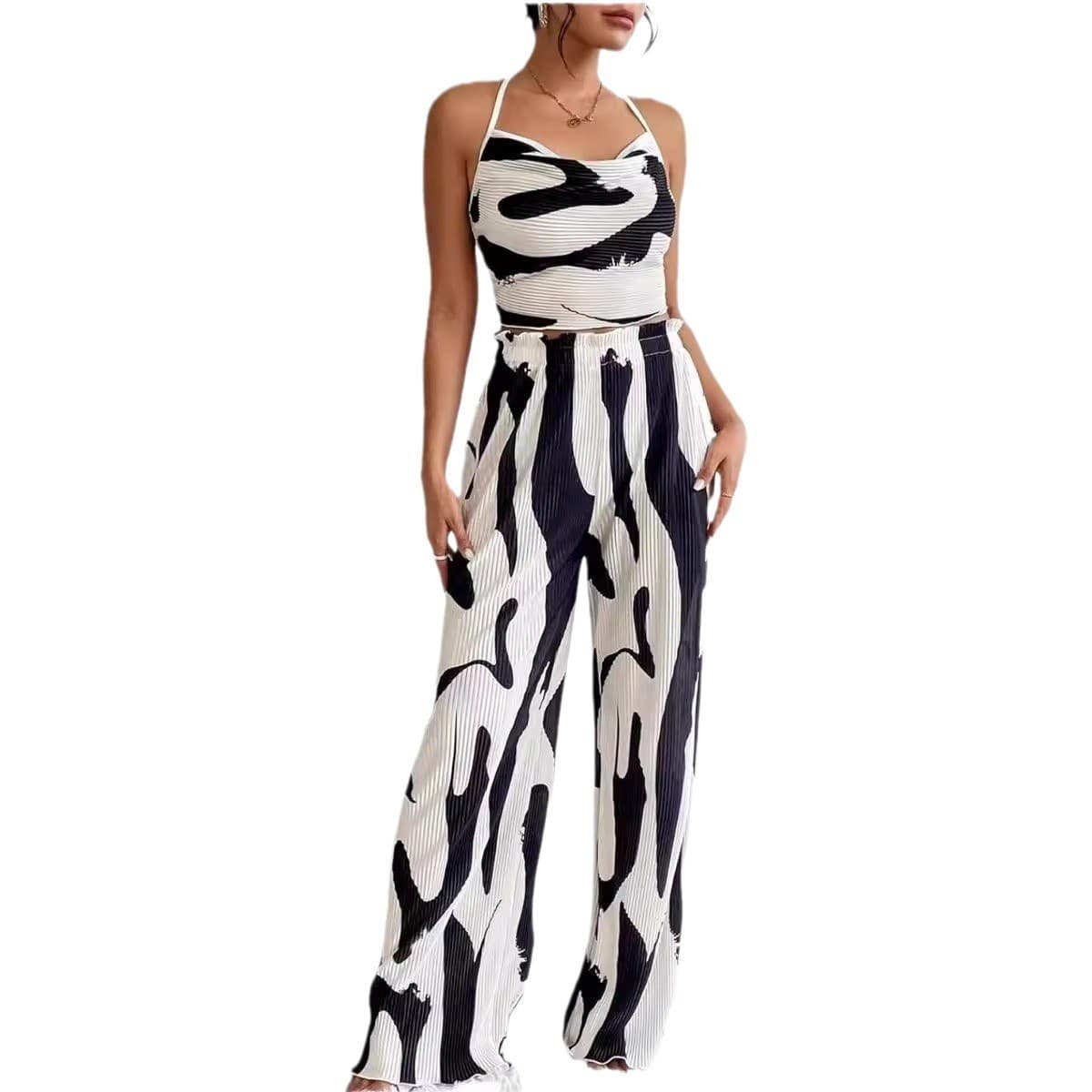 Large-Check Print Halterneck Wide-Leg Pants Casual Set