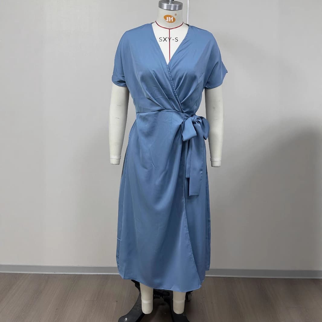 Womens Solid-Color Wrap Dress With Lace-Up Belt 7