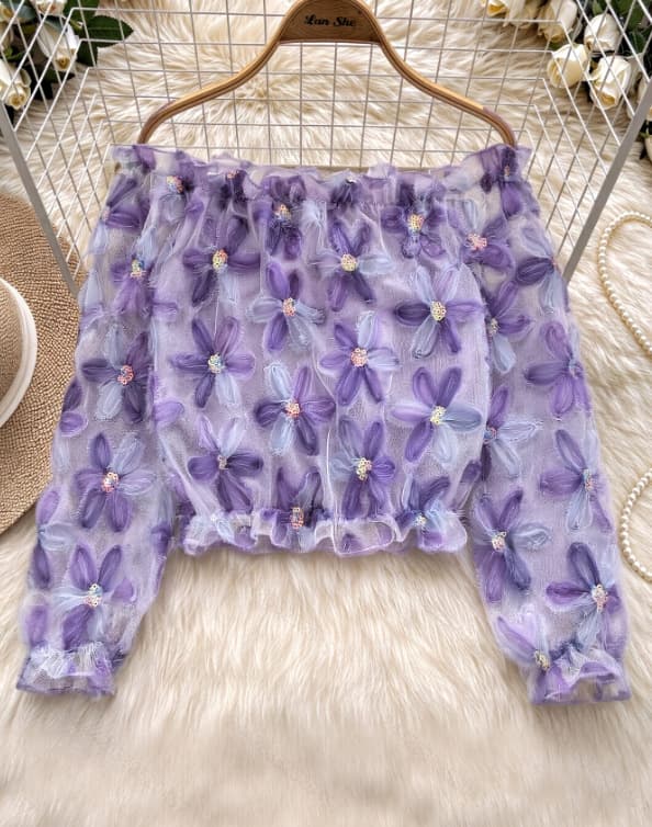 Summer Casual Chic Off Shoulder Mesh Top With Floral And A One-shoulder Long-sleeve Design 7