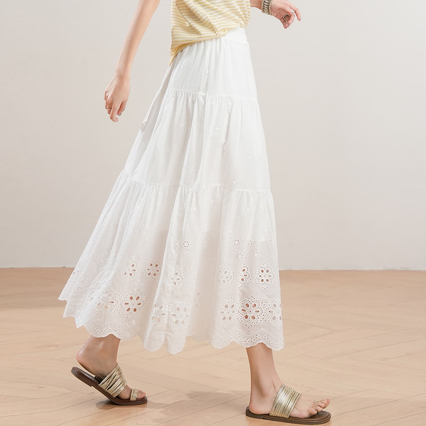 Womens Loose-fitting White Hollow-out Floral Skirt 4