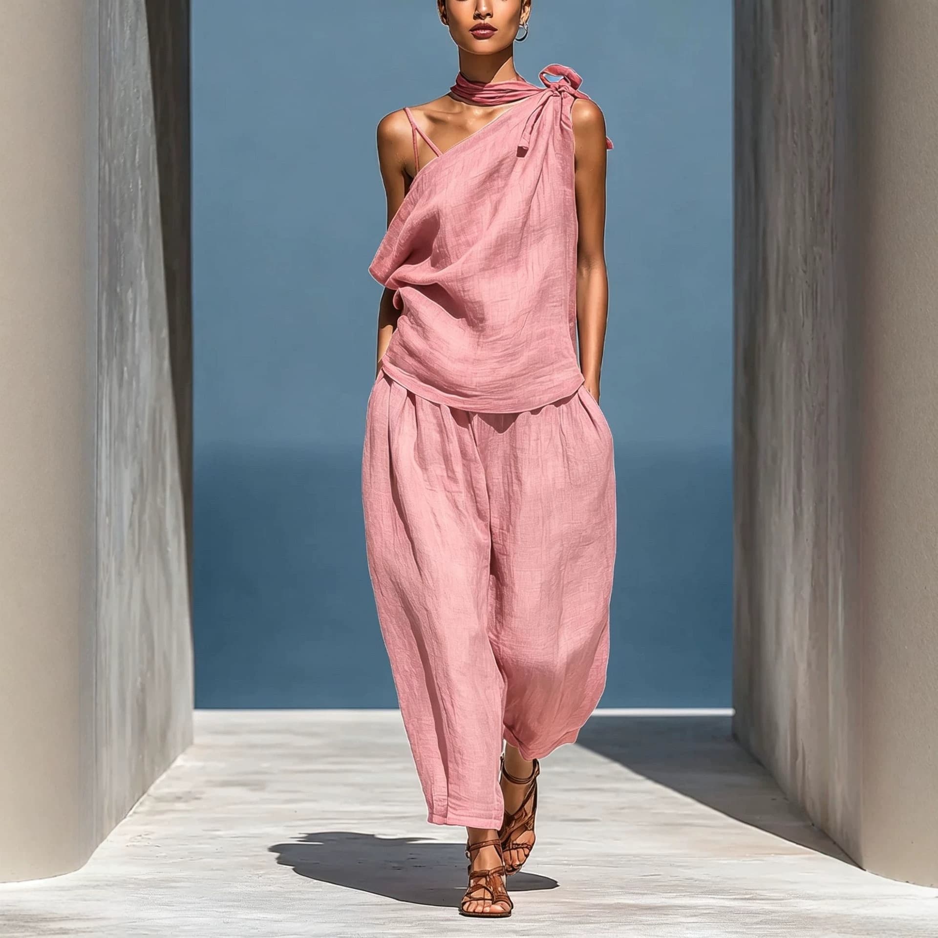 Dropped-shoulder Top And Loose-fitting Wide-leg Pants Set