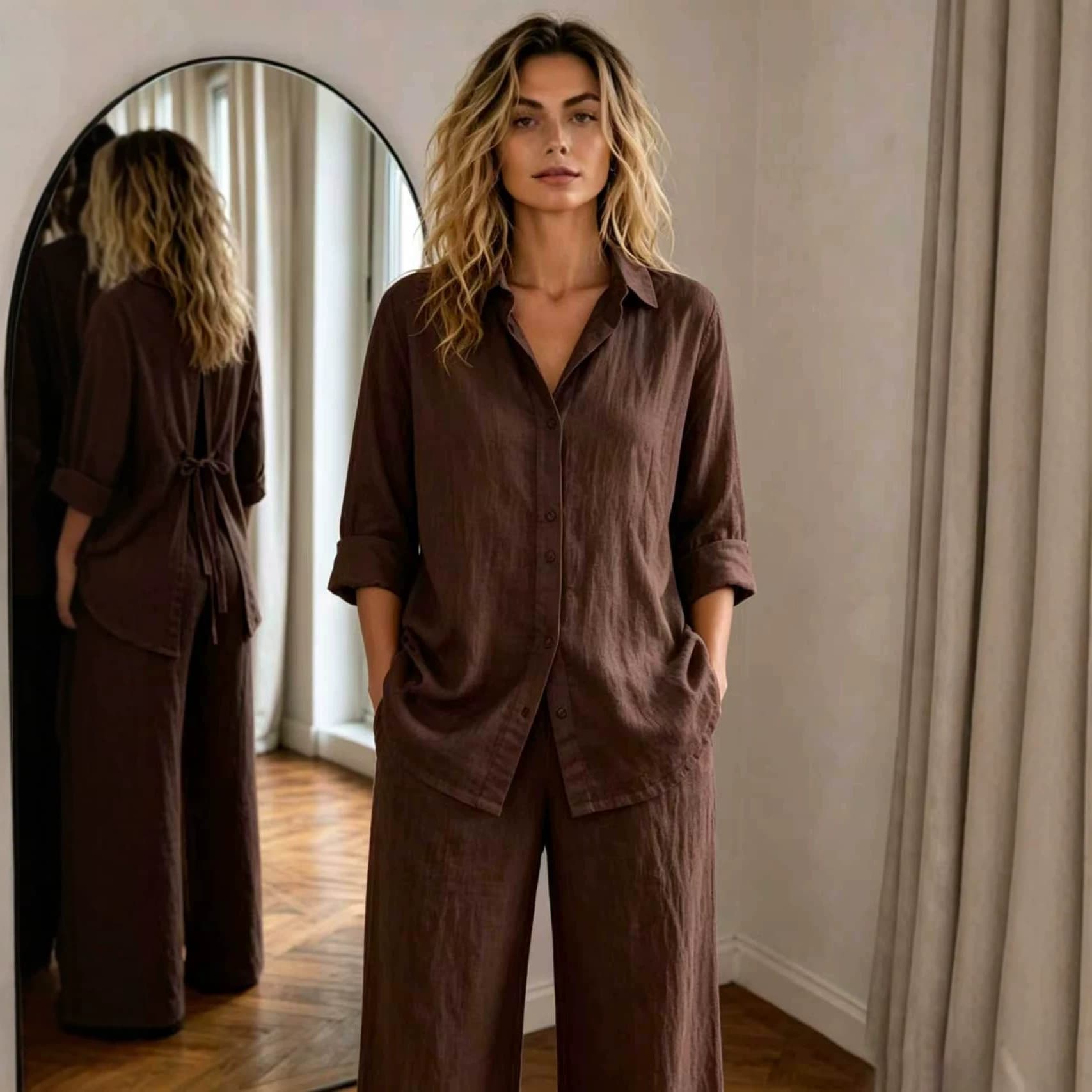 New Casual Solid-Color Trousers Summer Loose Single-Breasted Crepe Shirt Set