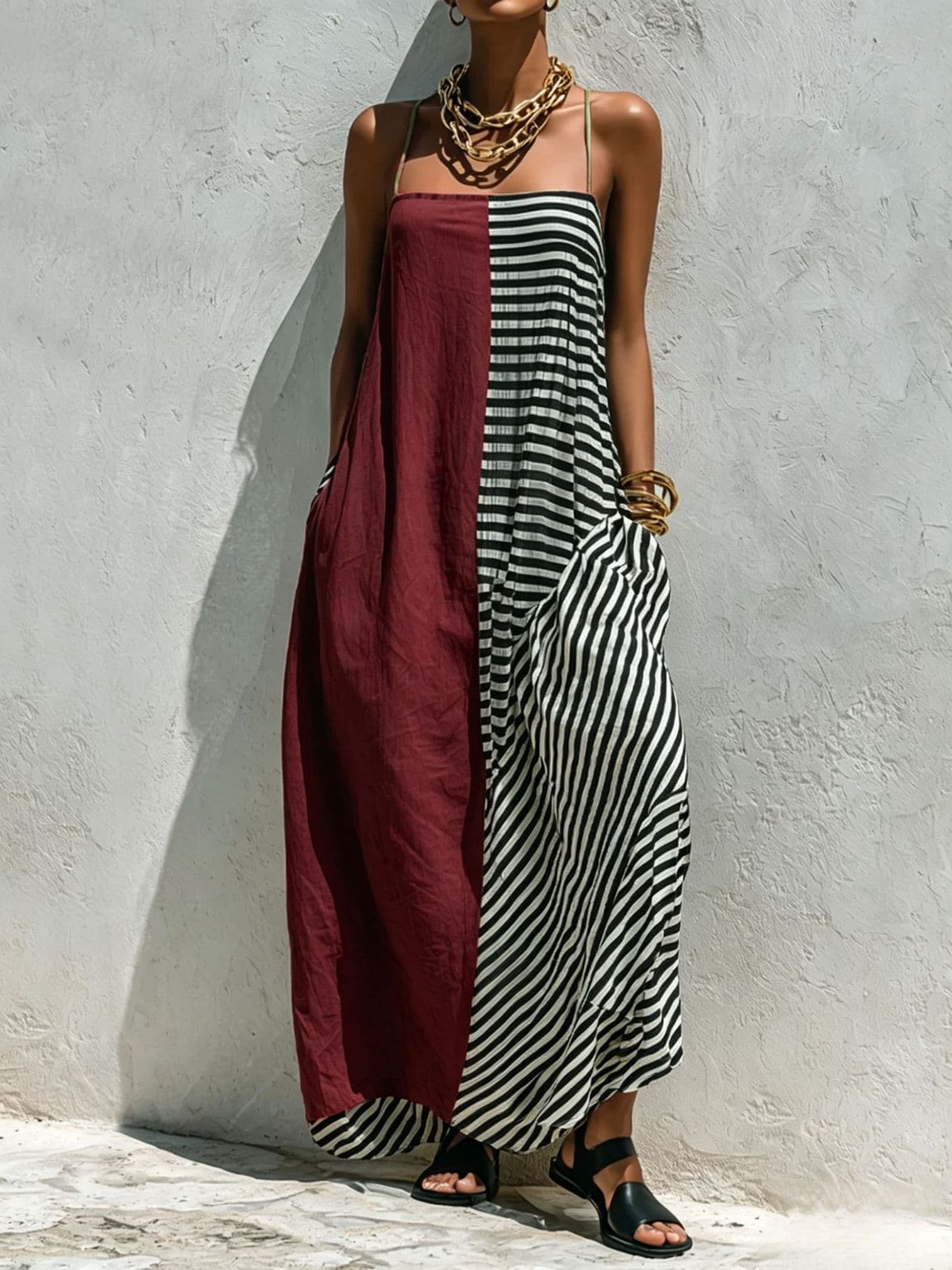 Printed Striped Strap Sleeveless Long Dress