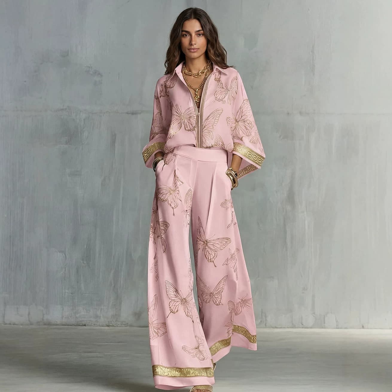 Womens Printed Loose-Fit Zip-Up Top And Wide-Leg Pants Two-Piece Set 5
