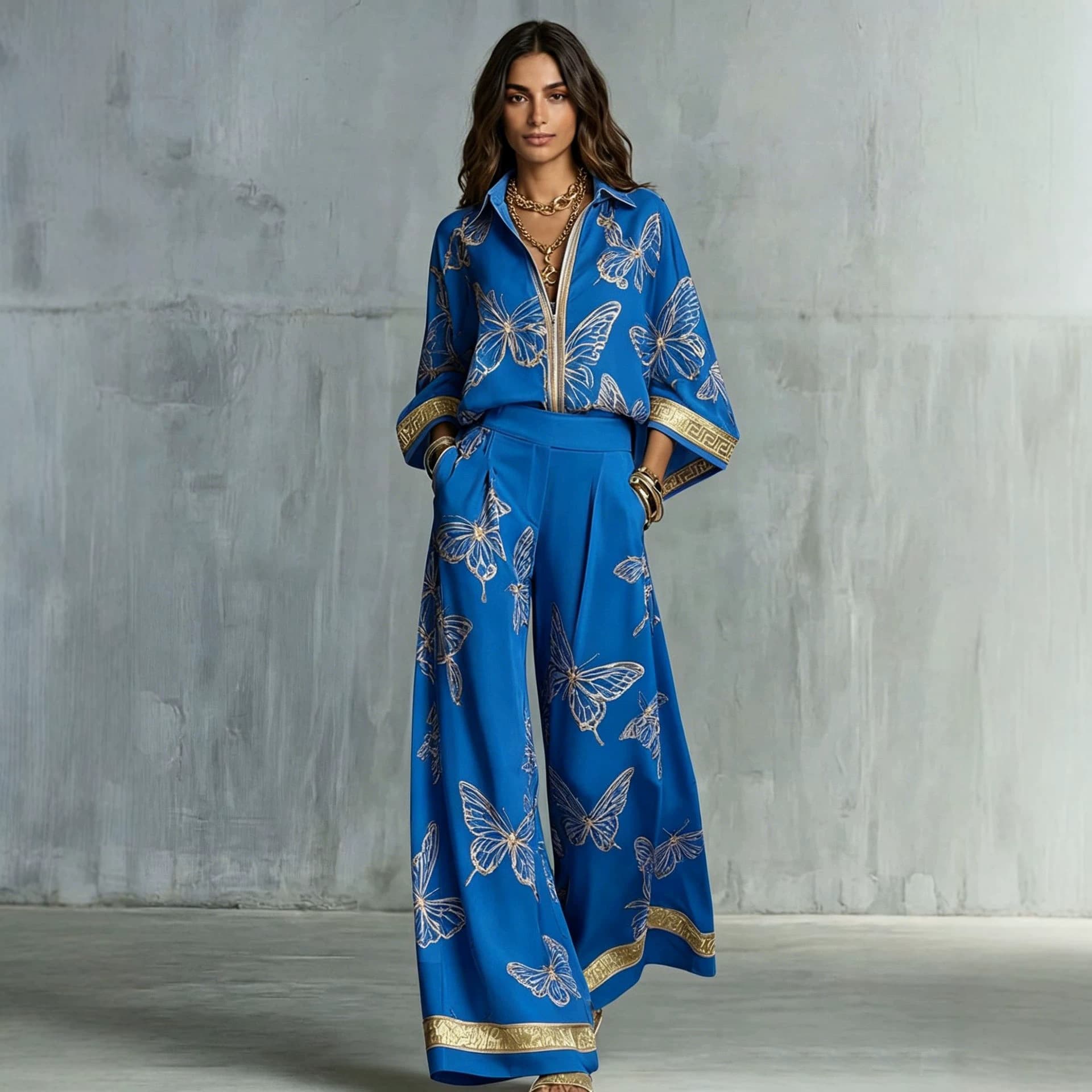 Womens Printed Loose-Fit Zip-Up Top And Wide-Leg Pants Two-Piece Set 11