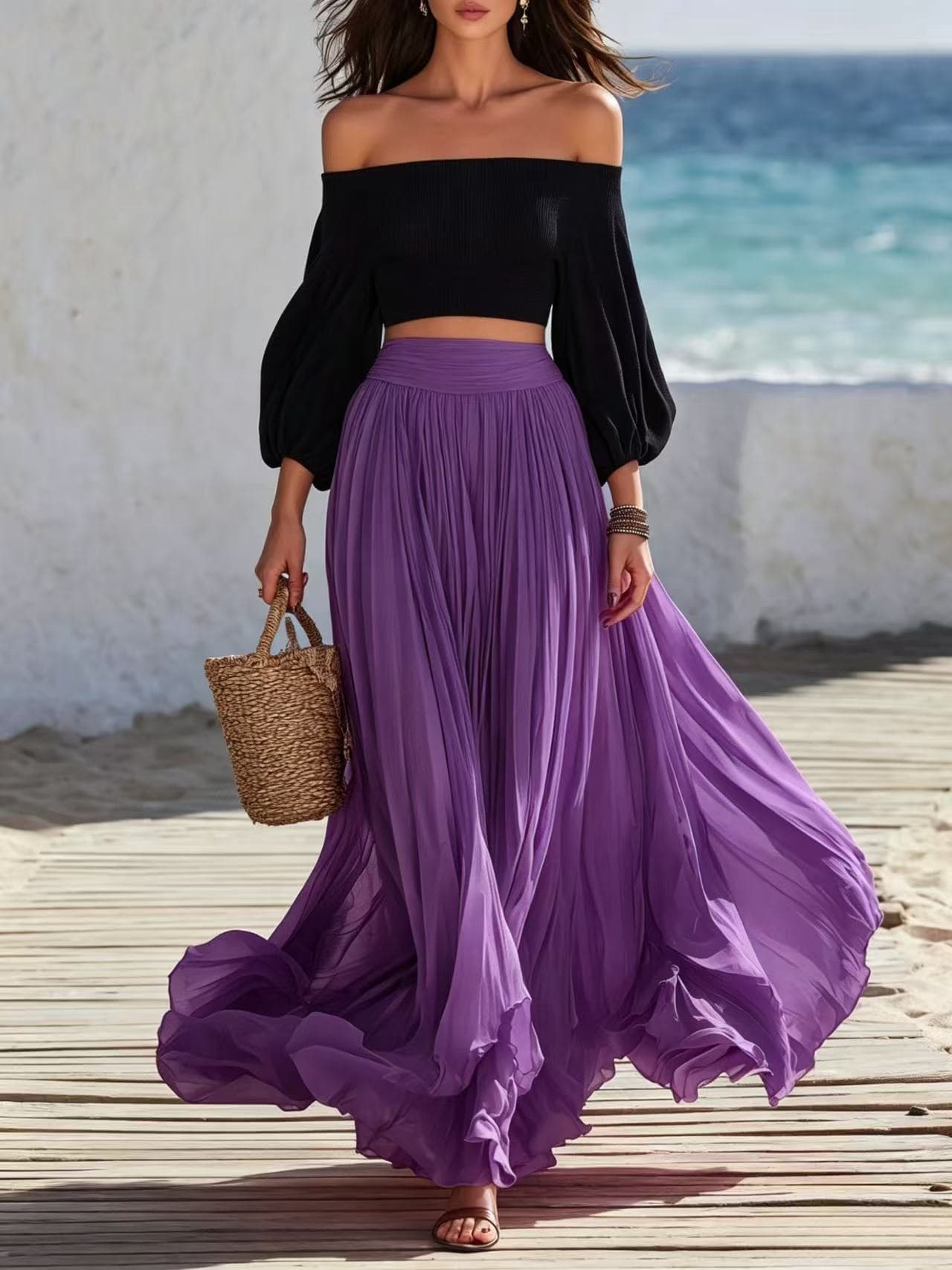 Off-shoulder Strapless Top With Bubble Sleeves And Skirt Set 8