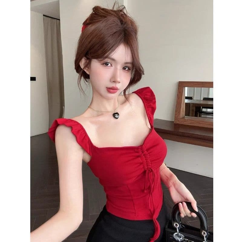 Sweet And Alluring Red Camisole With Bishop Sleeves And A Square Neckline