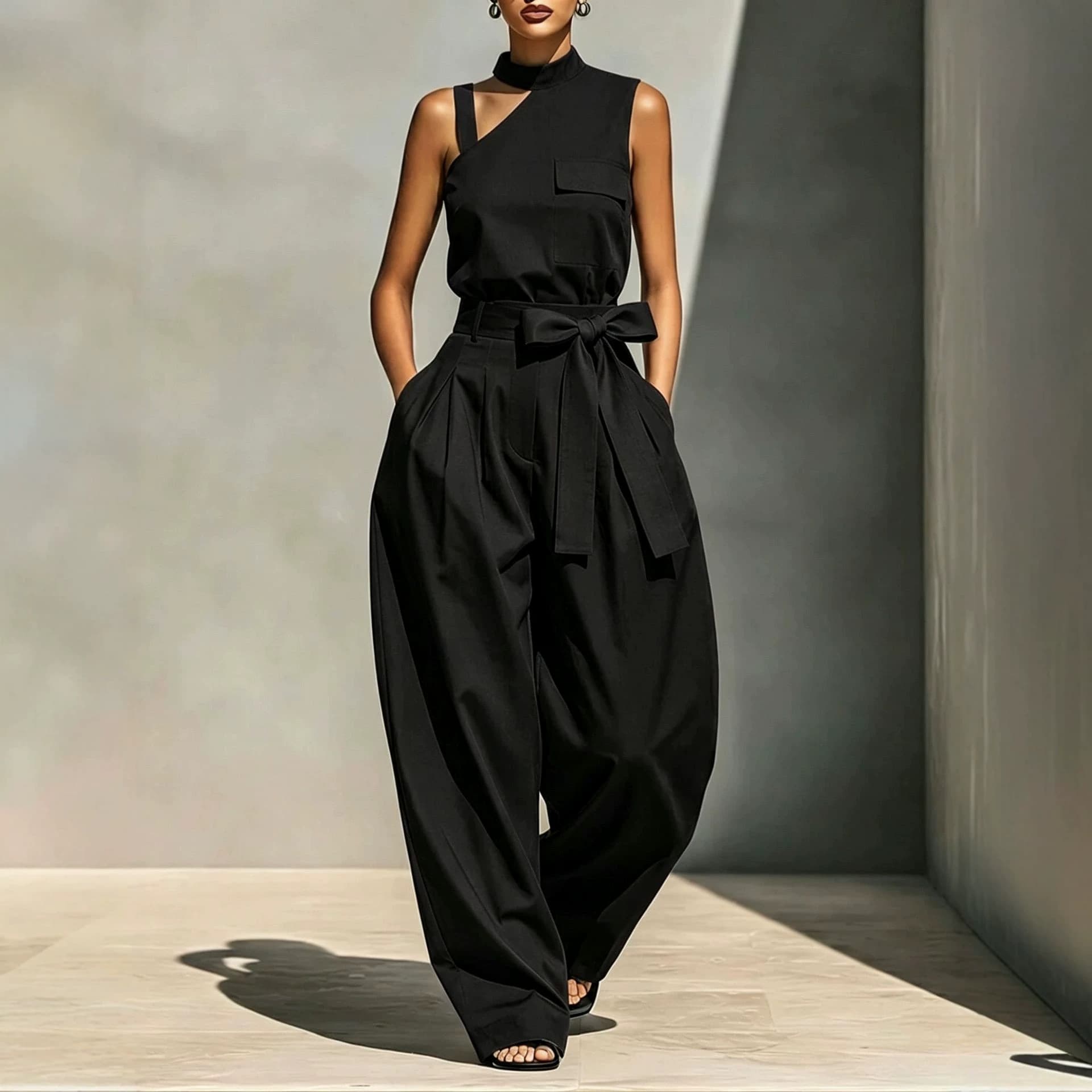 Off-shoulder Stand-collar Sleeveless Jumpsuit