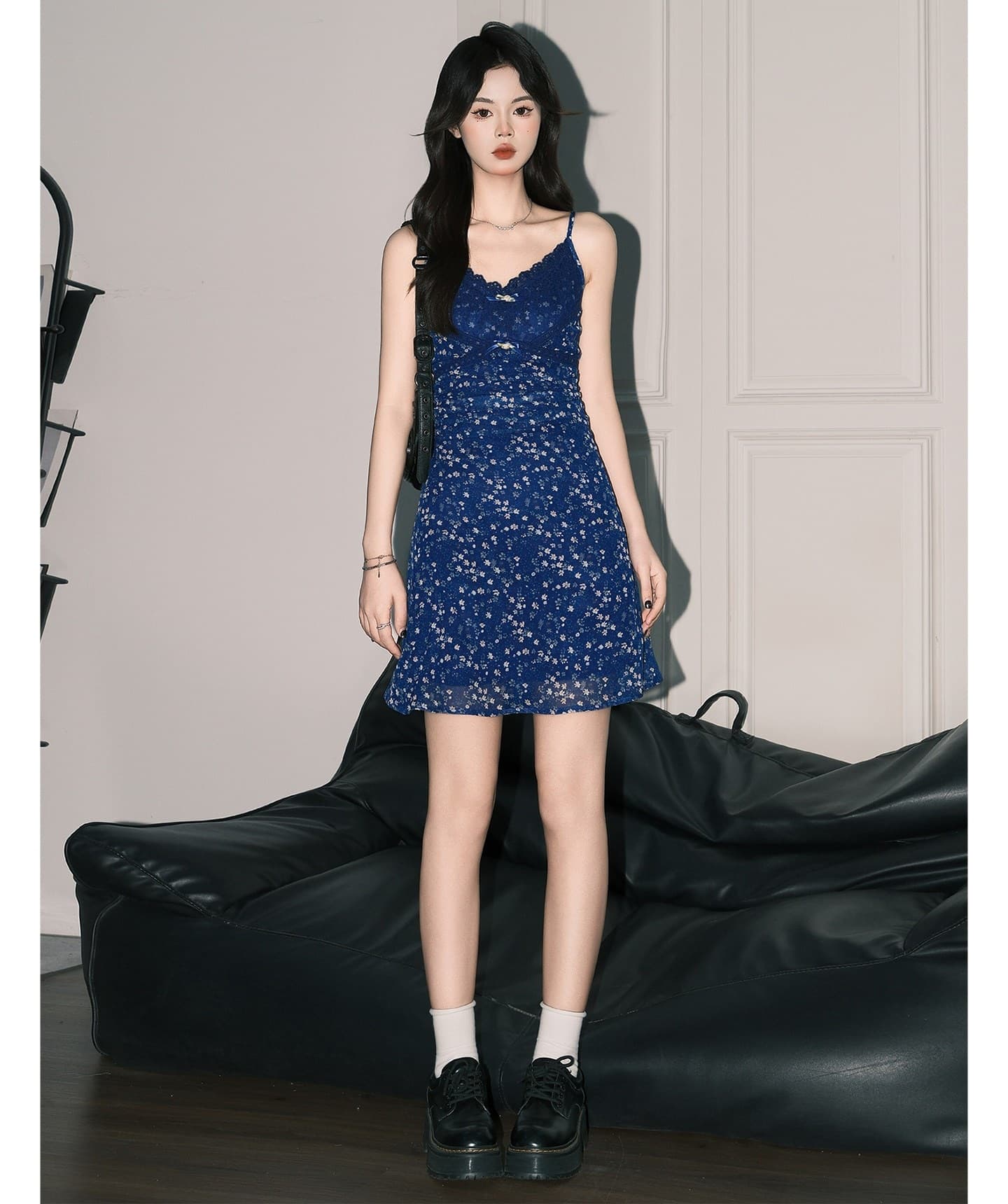 Navy Blue V-neck Floral-print Strap Dress With No Sleeves