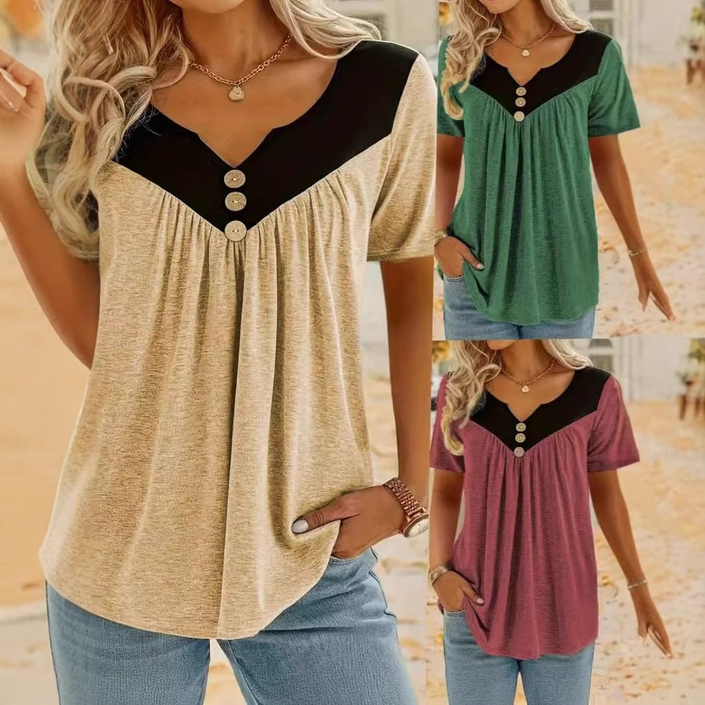 Womens Solid-color Short-sleeve Top With Button Detailing 7