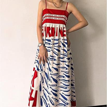 Small-fish Strap Printed New Long Dress One-piece Dress