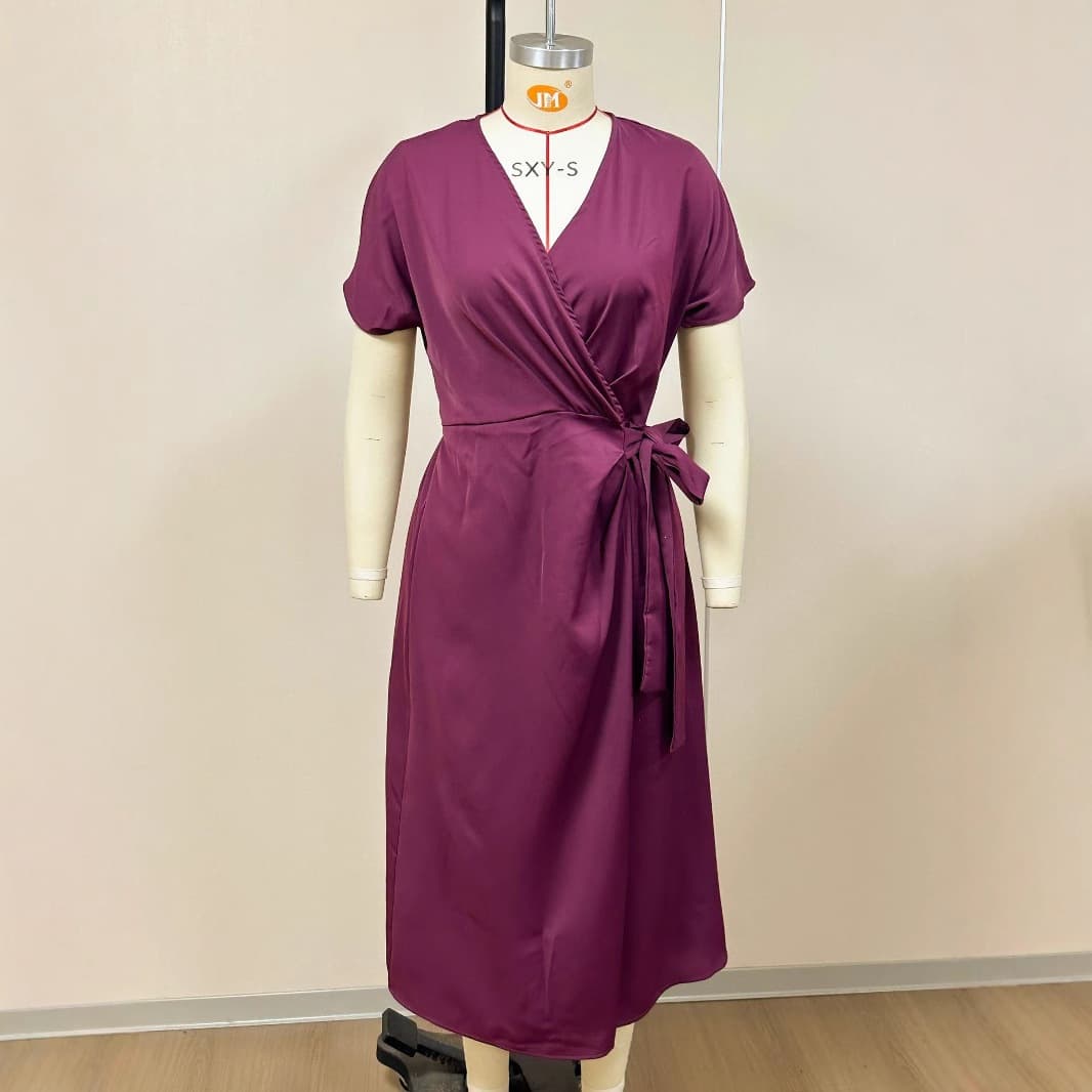 Womens Solid-Color Wrap Dress With Lace-Up Belt 5