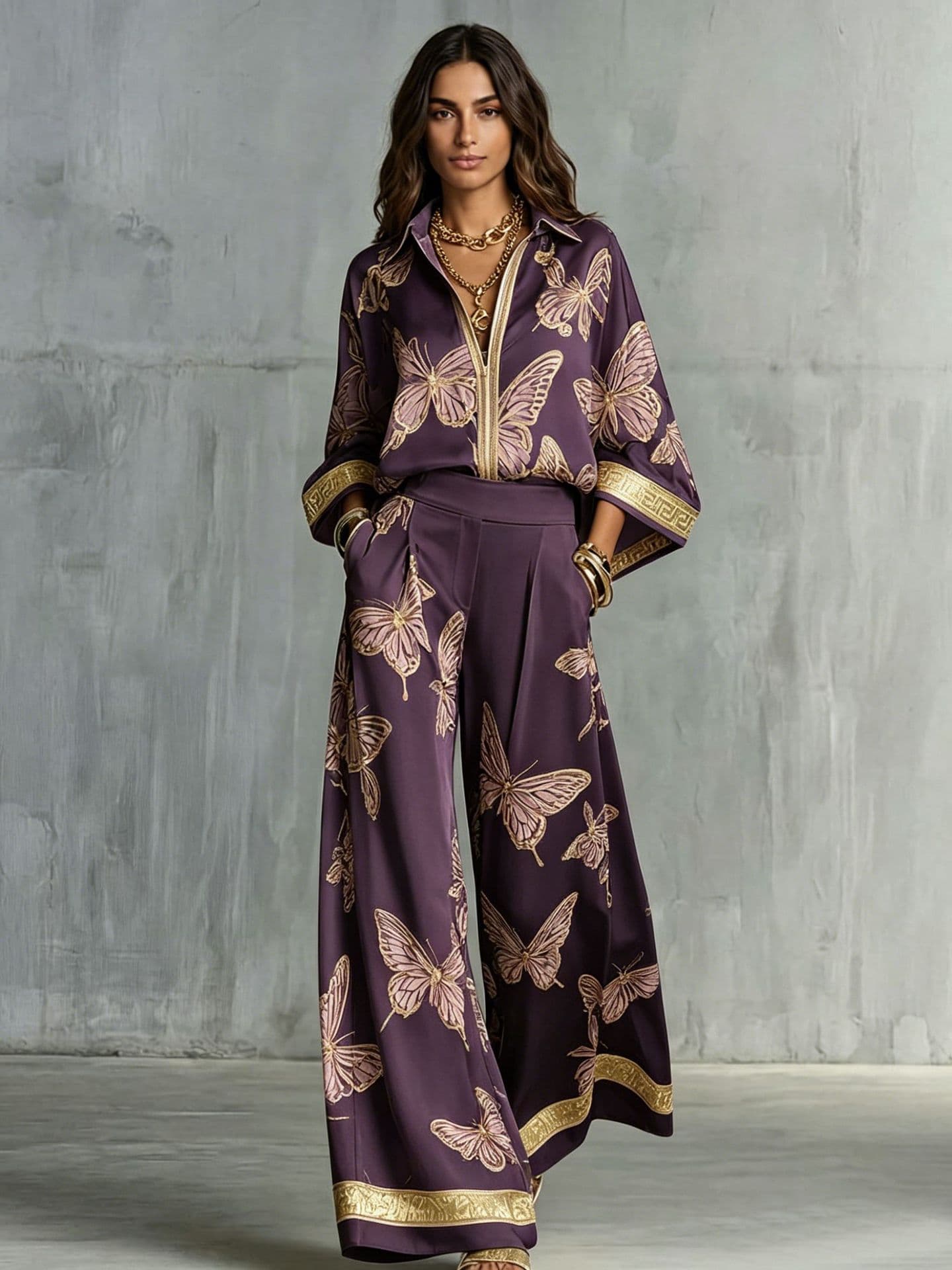 Womens Printed Loose-Fit Zip-Up Top And Wide-Leg Pants Two-Piece Set 12