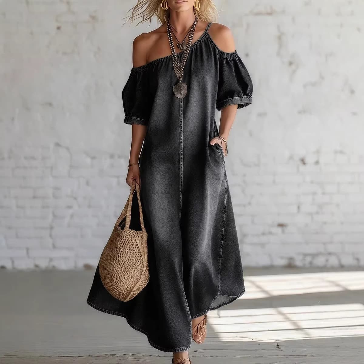 Loose-fit Chic Off-shoulder Slit Denim Maxi Dress