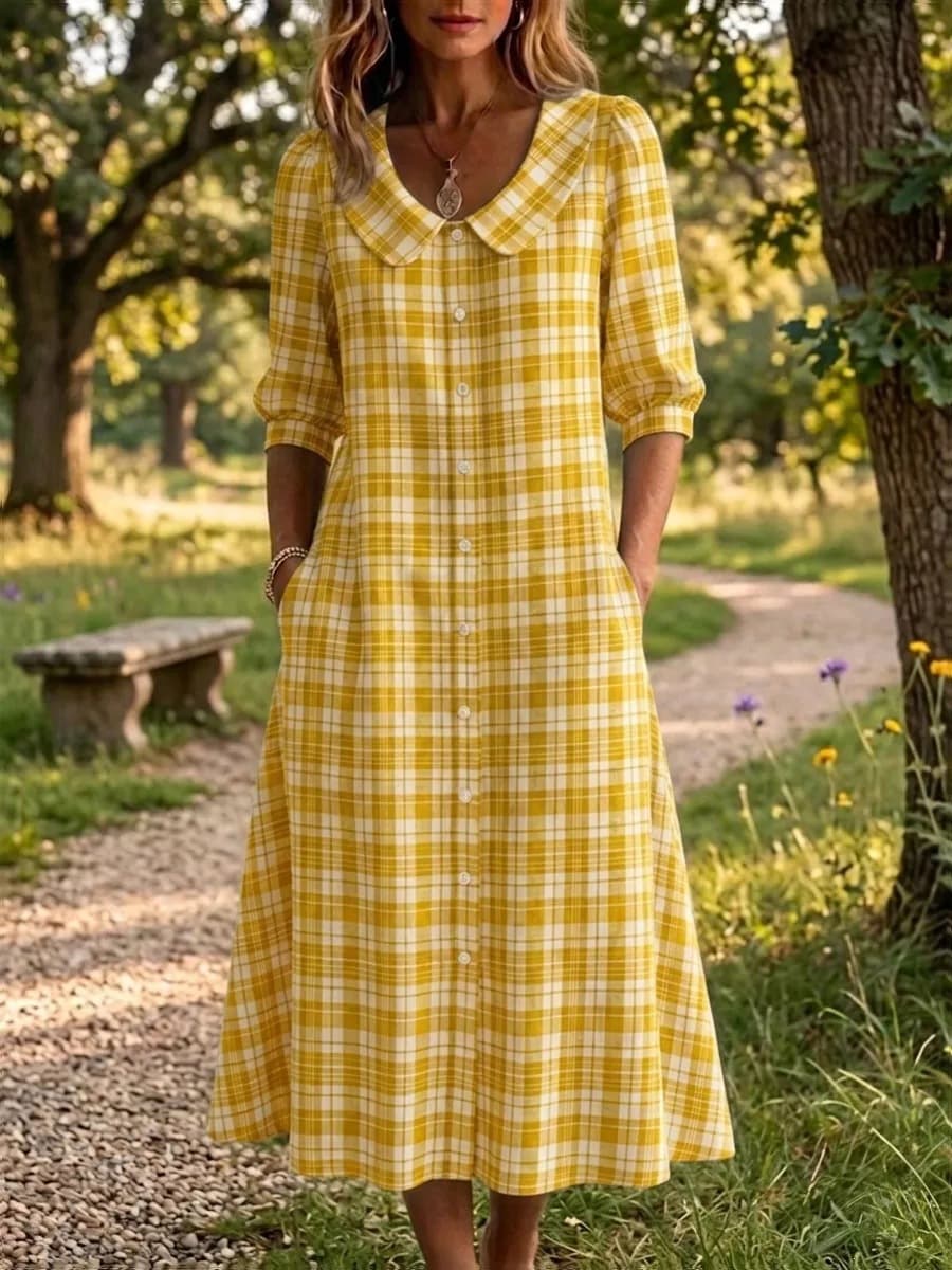 Loose-fitting Casual Plaid Dress With Three-quarter-length Sleeves